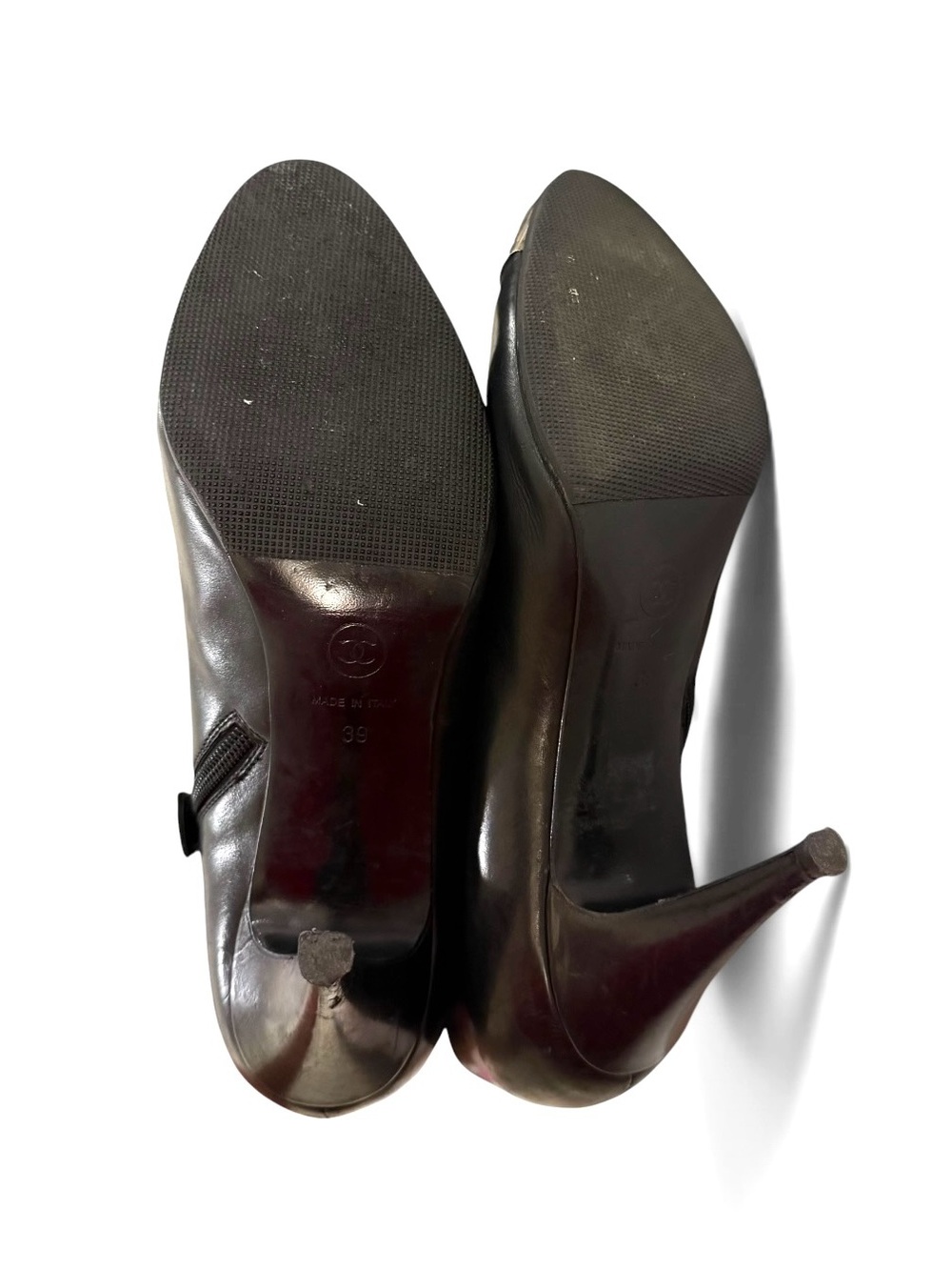 CHANEL Black Leather Ankle Boots with Silver Cap Toe Logo - Picture 5 of 13